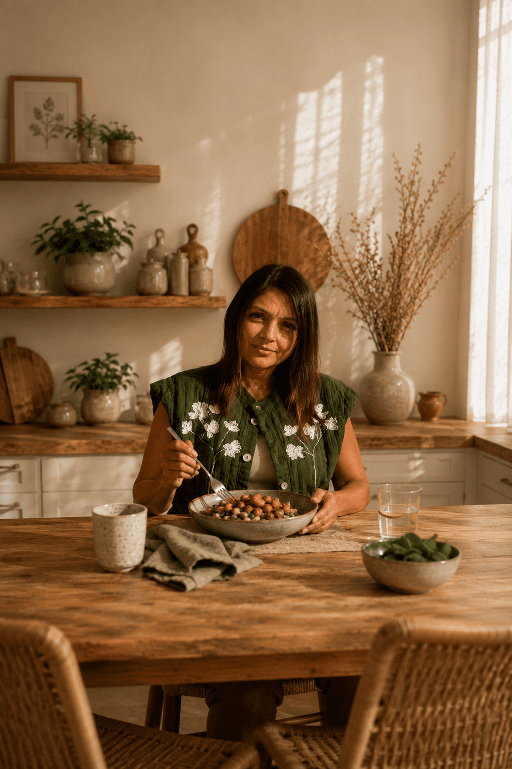 Mónica Castrillón en su cocina, con un bowl saludable sobre la mesa